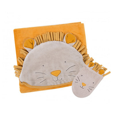 Moulin Roty Hooded Lion Baby Towel & Wash Mitt Set