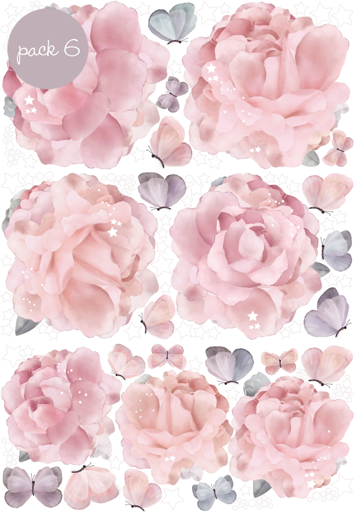 Autocollants muraux pivoines et papillons - Lot de 6
