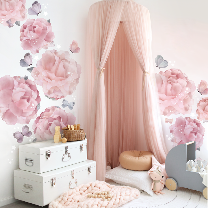 Autocollants muraux pivoines et papillons - Lot de 6