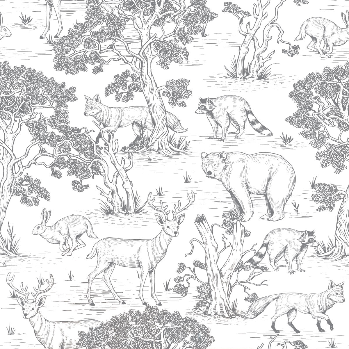 Woodland Animals - White Wallpaper